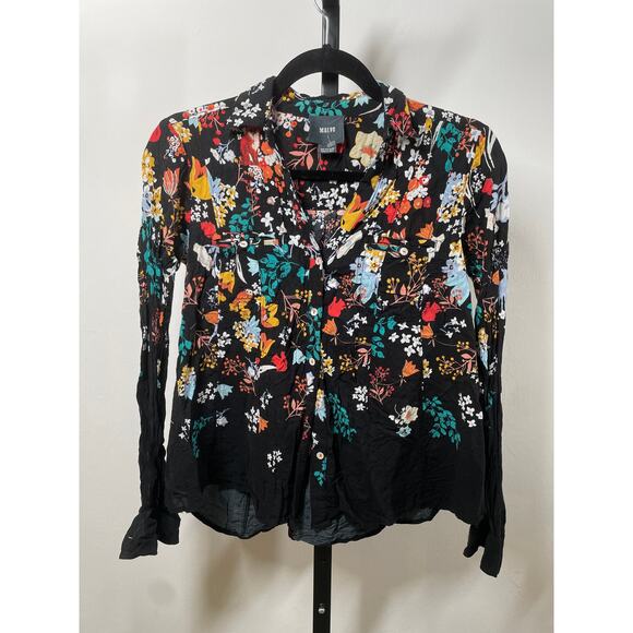 MAEVE Anthropologie Floral Woodland Friends Blouse 0 Rayon Animal Flowy Black - Picture 3 of 10